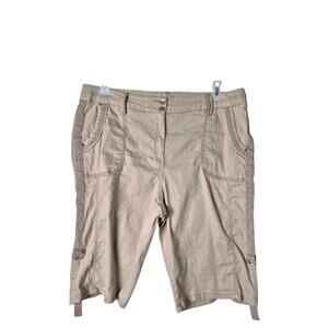 Chicos Bermuda Shorts Size XL 3 Tan Linen Cotton Adjustable Length Roll Tab